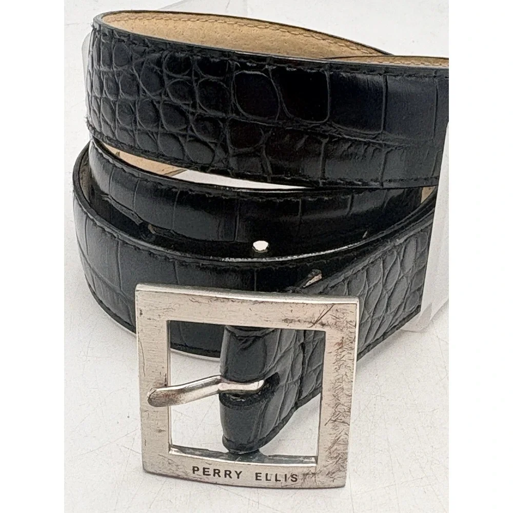 Perry Ellis Portfolio Black Croc Embossed Leather Belt Large Dress Western
